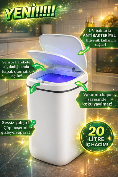 20L Akıllı Sensörlü Çöp Kovası UV Işık Koku Geçirmez Mutfak Banyo Wc Ofis