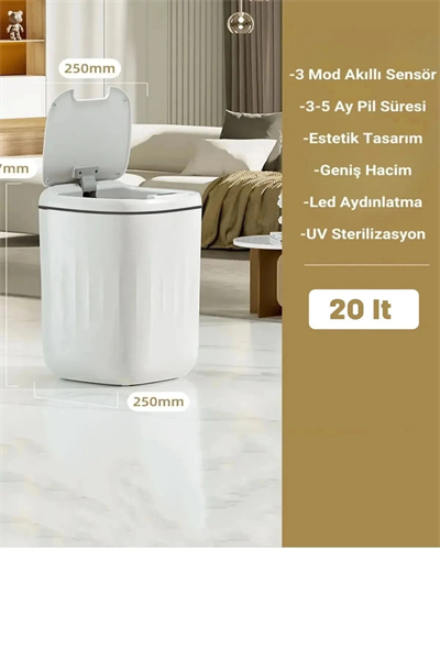 20L Büyük Boy Akıllı Çöp Kovası Sensörlü Antibakteriyel UV Işıklı Ev Mutfak Ofis