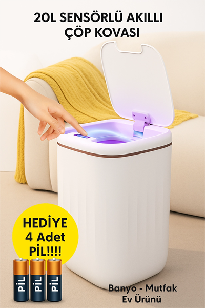 20L Sensörlü Akıllı Antibakteriyel Çöp Kovası Otomatik Kapaklı, Banyo Mutfak 4 Pil Yanında
