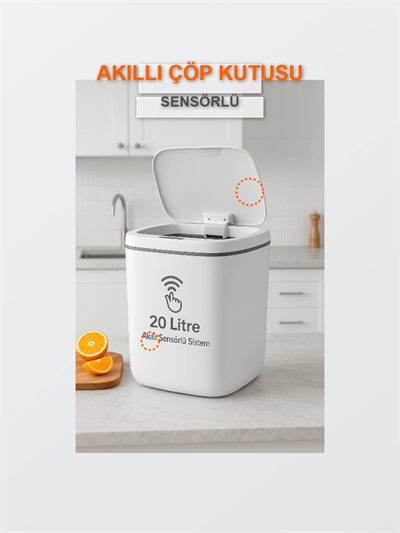 20L Sensörlü Akıllı Antibakteriyel Çöp Kovası Otomatik Kapaklı, Banyo Mutfak 4 Pil Yanında
