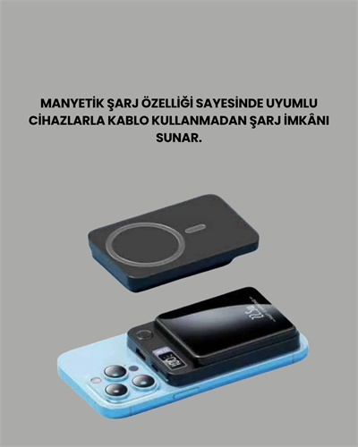 20W PD ve 15W Manyetik Kablosuz Şarj Destekli Taşınabilir Powerbank