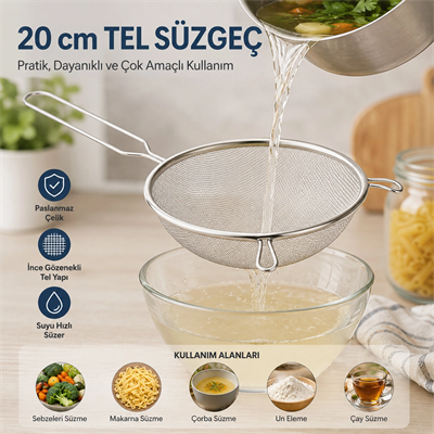 20cm Tel Süzgeç Metal Saplı Kulaklı Bx40