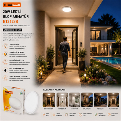 20w Beyaz Metal Kasa Sıva Üstü Yuvarlak Ledli Glop Armatür Ip20 6500k - 1800lm E1212/b Bx40