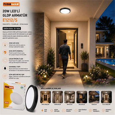 20w Siyah Metal Kasa Sıva Üstü Yuvarlak Ledli Glop Armatür Ip20 6500k - 1800lm E1212/s Bx40