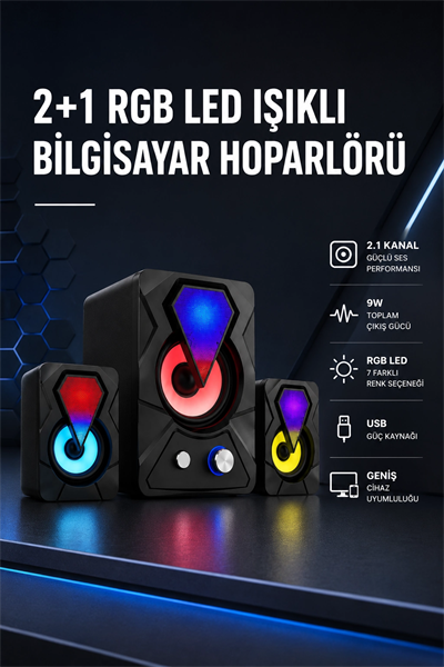 2+1 RGB LED Işıklı Güçlü Bas Sistemli Bilgisayar Hoparlörü