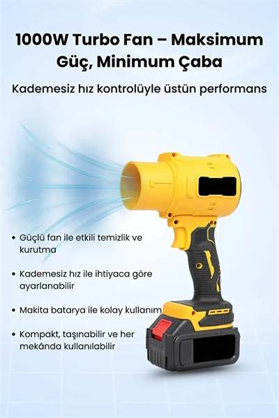 21v Kablosuz Hava Üfleyici | 32.000rpm Turbo Fan, 12.000mah Batarya, Bahçe & Araç Kurutma / Sarı Bx40
