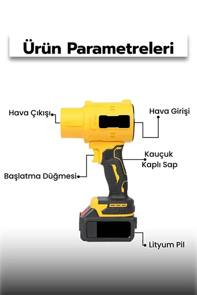 21v Kablosuz Hava Üfleyici | 32.000rpm Turbo Fan, 12.000mah Batarya, Bahçe & Araç Kurutma / Sarı Bx40