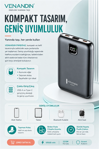 22.5W Hızlı Şarj Özellikli 10000 mAh Kapasiteli Kompakt Powerbank