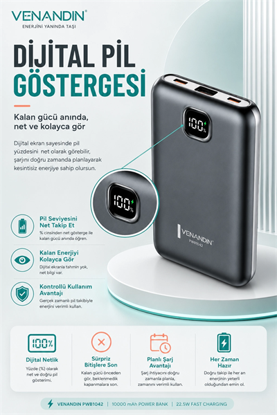 22.5W Hızlı Şarj Özellikli 10000 mAh Kapasiteli Kompakt Powerbank