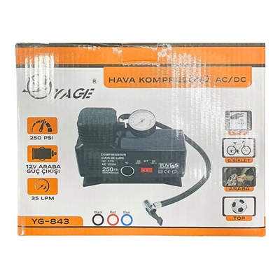 220 Volt-12 Volt 250 Psi Kompresör Lastik Hava Şişirme Oto Pompası Fişli Ve Çakmaklı Yage-843 Bx40
