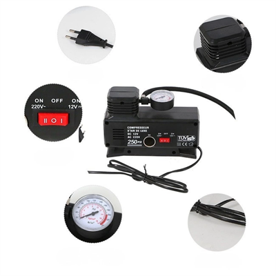 220 Volt-12 Volt 250 Psi Psi Kompresör Lastik Hava Şişirme Oto Pompası Fişli Çakmaklıklı