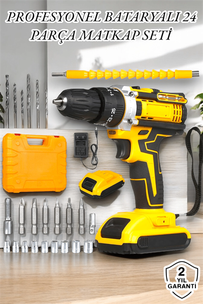 24 Parça Çift Bataryalı Şarjlı Matkap Seti 24W Motor ve Otomatik Mil Kilitli Tasarım
