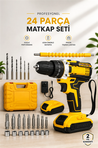 24 Parça Çift Bataryalı Şarjlı Matkap Seti 24W Motor ve Otomatik Mil Kilitli Tasarım