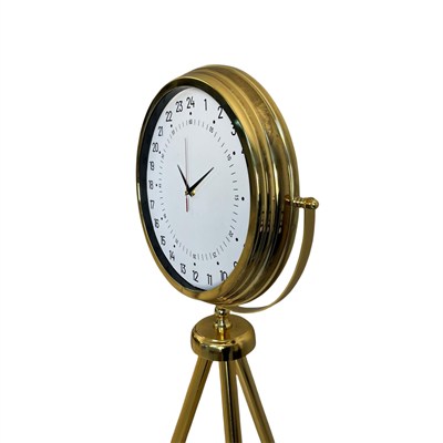 24 Saat Göstergeli Özel Tasarım Gold Tripod Ayaklı Duvar Saati