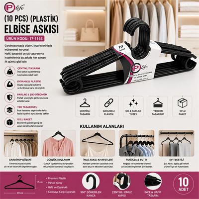 240 Adet Siyah Elbise Askısı Plastik 24x10pcs Bx40