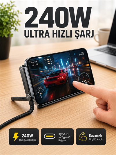 240W Type-C Telefon Standlı Örgülü Şarj ve Data Kablosu
