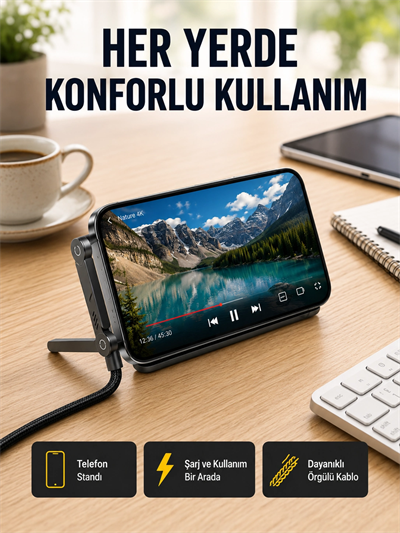 240W Type-C to Type-C Katlanabilir Standlı Hızlı Şarj Kablosu