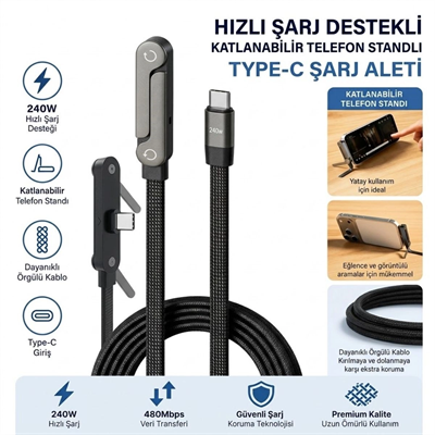 240w Hızlı Şarj Destekli Katlanabilir Telefon Standlı Örgülü Type-c To Type-c Şarj Kablosu Bx40