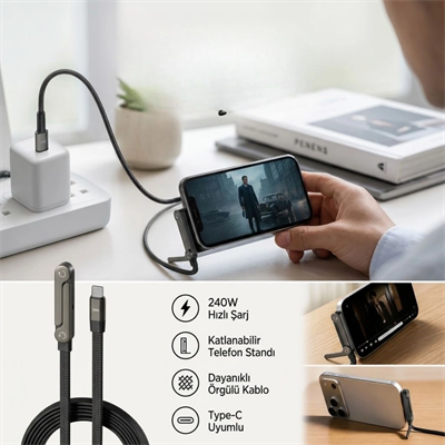 240w Hızlı Şarj Destekli Katlanabilir Telefon Standlı Örgülü Type-c To Type-c Şarj Kablosu Bx40
