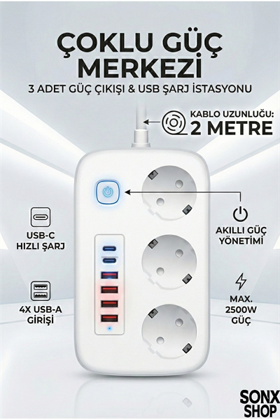 2500W Çoklu Priz 2 METRE – 3’lü AC Priz +5 USB Çıkışı AKIM KORUMALI Alev Almayan Gövde,