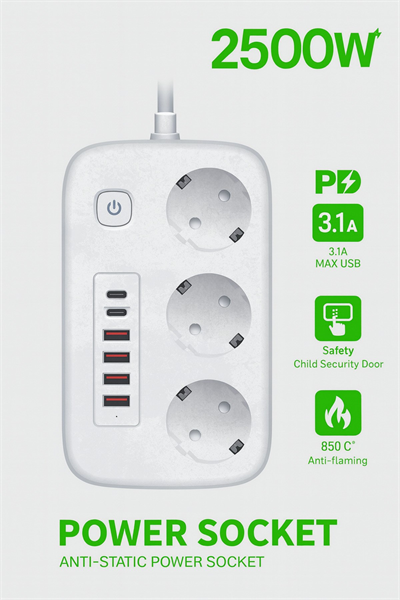 2500W Çoklu Priz 2 METRE – 3’lü AC Priz +5 USB Çıkışı AKIM KORUMALI Alev Almayan Gövde,