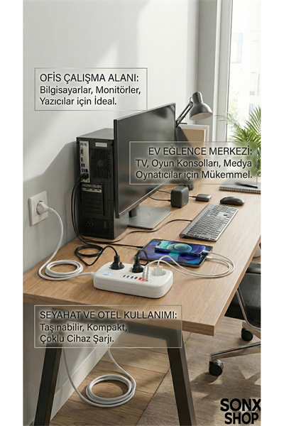 2500W Çoklu Priz 2 METRE – 3’lü AC Priz +5 USB Çıkışı AKIM KORUMALI Alev Almayan Gövde,