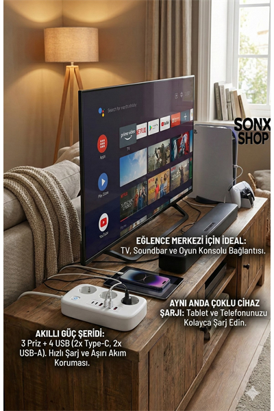 2500W Çoklu Priz 2 METRE – 3’lü AC Priz +5 USB Çıkışı AKIM KORUMALI Alev Almayan Gövde,