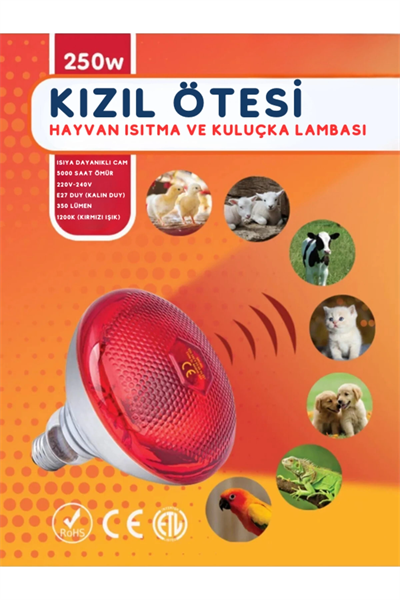 250W Kızılötesi (infrared) Isıtıcılı Hayvan Isıtma ve Kuluçka Lambası (Kırmızı Işık) E27 (Kalın Duy)