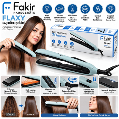 Saç Düzleştirici 25 mm Seramik Plakalı Hızlı Isınan 360 Döner Kablo Flaxy BX-316842