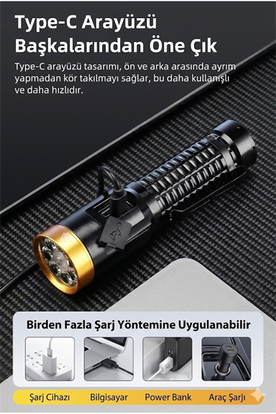 2800 Lümen Yeşil Lazerli Şarjlı El Feneri - Dijital Göstergeli Mıknatıslı Taktik Kamp Feneri