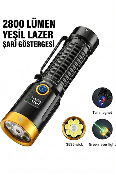 2800 Lümen Yeşil Lazerli Şarjlı El Feneri - Dijital Göstergeli Mıknatıslı Taktik Kamp Feneri