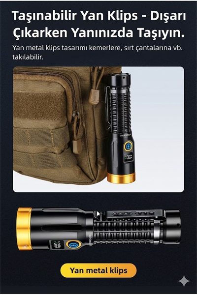 2800 Lümen Yeşil Lazerli Şarjlı El Feneri - Dijital Göstergeli Mıknatıslı Taktik Kamp Feneri