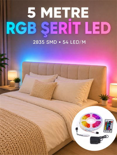 2835 RGB Şerit LED 5 Metre 54 LED/M Uzaktan Kumandalı Renkli Dekorasyon Işığı