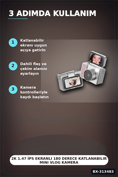 2K 1.47 İps Ekranlı 180 Derece Katlanabilir Mini Vlog Kamerası - Anahtarlık Boy BX-313483