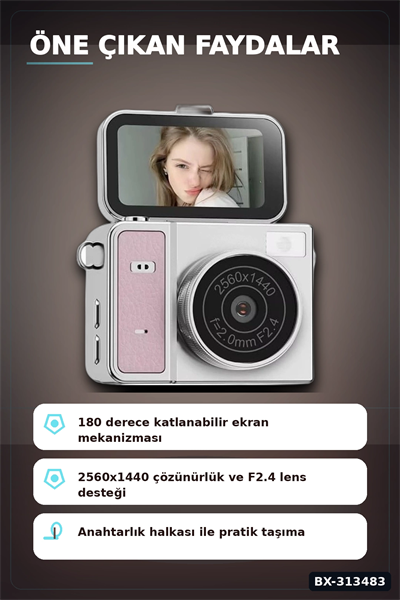 2K 1.47 İps Ekranlı 180 Derece Katlanabilir Mini Vlog Kamerası - Anahtarlık Boy BX-313483