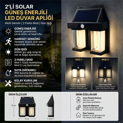 2'li Solar Güneş Enerjili Led Duvar Apliği, Hareket Sensörlü, Şarjlı, Kablosuz Dış Mekân Bahçe Ve Kapı Lambası Bx40