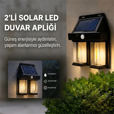 2'li Solar Güneş Enerjili Led Duvar Apliği, Hareket Sensörlü, Şarjlı, Kablosuz Dış Mekân Bahçe Ve Kapı Lambası Bx40