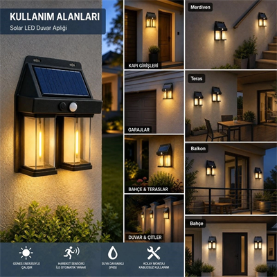 2'li Solar Güneş Enerjili Led Duvar Apliği, Hareket Sensörlü, Şarjlı, Kablosuz Dış Mekân Bahçe Ve Kapı Lambası Bx40