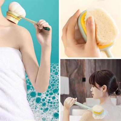 2'si 1 Arada Çift Taraflı Uzun Saplı Fırçalı Banyo Vücut Sırt Fırçası Banyo Lifi (3936)