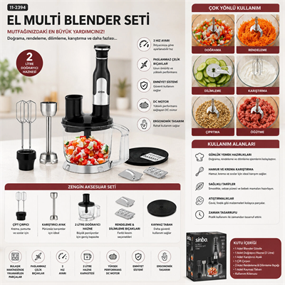 2hız Ayar - Paslanmaz Çelik Bıçak El Multi Blender Seti 2 Lt Hazneli Shb-7534 Bx40