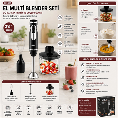 2hız Ayar - Paslanmaz Çelik Bıçak El Multi Blender Seti 700ml Hazneli Shb-7529 Bx40