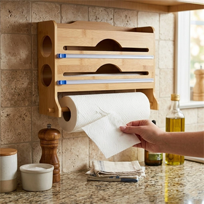 2ın1 = 2 Streçlik - 1 Kağıt Havluluk Ahşap Bambu Streçlik - Folyoluk - Havluluk Kesici Bıçak Kanallı Bx40