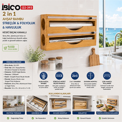 2ın1 Ahşap Bambu Streçlik - Folyoluk - Havluluk Kesici Bıçak Kanallı Bx40