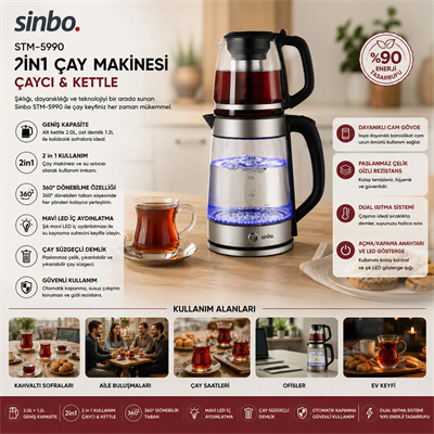 2in1= Çaycı - Kettle Çelik Elektrikli Çay Makinesi 2lt + 1,2lt Çay Süzgeçli 360° Dönebilir Stm-5990 Bx40