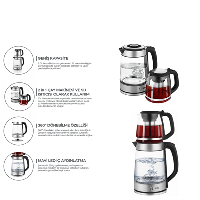 2in1= Çaycı - Kettle Çelik Elektrikli Çay Makinesi 2lt + 1,2lt Çay Süzgeçli 360° Dönebilir Stm-5990 Bx40