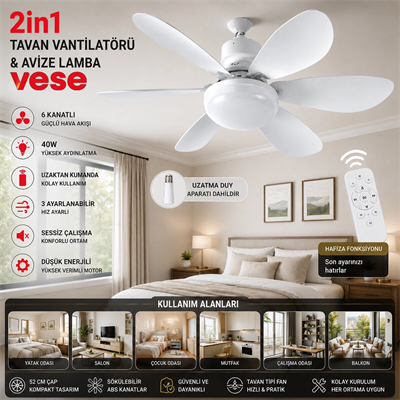 2in1=tavan Vantilatör - Avize Lamba 40w Kumandalı 6knat Vnt-005 Bx40
