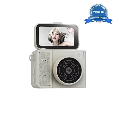 2k Mini Dijital Retro Video Kamera Flaşlı Dijital Vlog Mini Fotoğraf Makinesi Türkçe Menü Bej