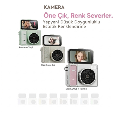 2k Mini Dijital Retro Video Kamera Flaşlı Dijital Vlog Mini Fotoğraf Makinesi Türkçe Menü Yeşil