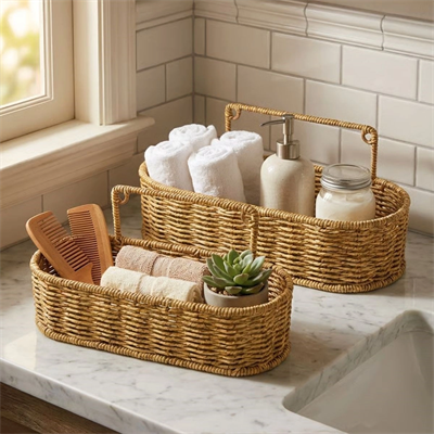 2’li Duvar Askılı Plastik Rattan Organizer – Oval Hasır Görünümlü Mutfak Raf Sepeti, Banyo Ve Ev İçi Düzenleme Ünitesi Bx40