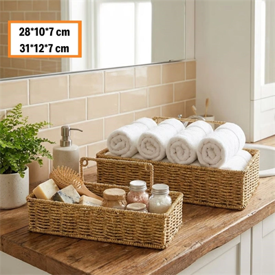 2’li Duvar Askılı Plastik Rattan Organizer – Dikdörtgen Hasır Görünümlü Mutfak Raf Sepeti, Banyo Ve Ev İçi Düzenleme Ünitesi Bx40
